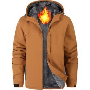 Men's Waterproof Khaki Snow Jacket Fleece Lined Warm Winter Rain Jacket Hood